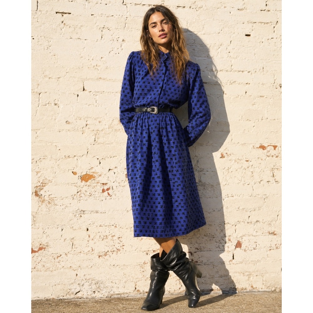 Vintage Jonathan Martin Blue Geometric Print Midi Dress Mod Secretary 9/10